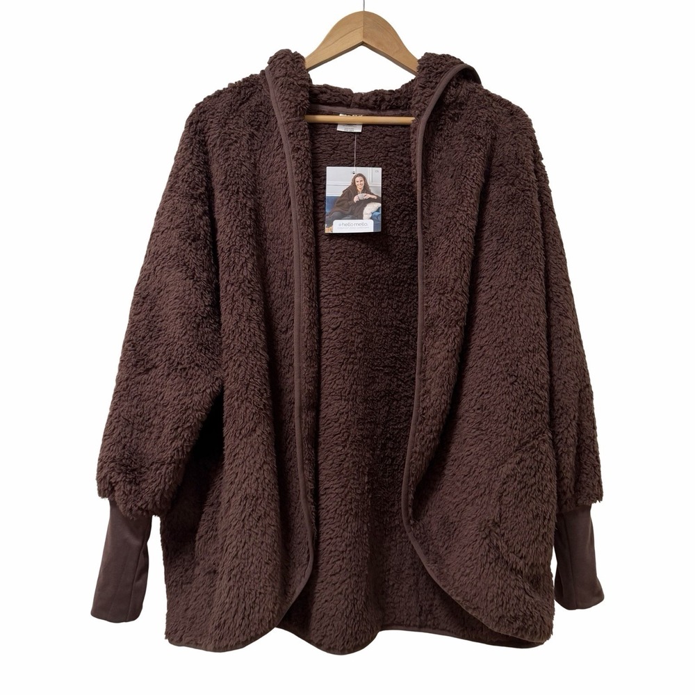 Hello Mello Womens Comfort Zone Open Front Hooded Cardigan OS One Size Brown NEW
